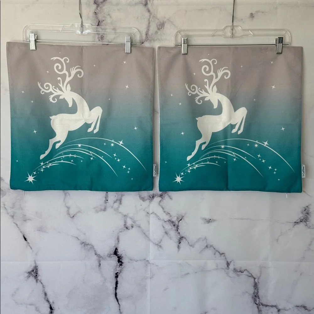 CALITIME Teal & Gray Reindeer Pillow Covers 17½″ × 17½″ (Set of 2)